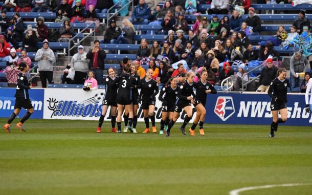 Chicago Red Stars celebrating a Huerta goal l Source: chicagoredstars.com