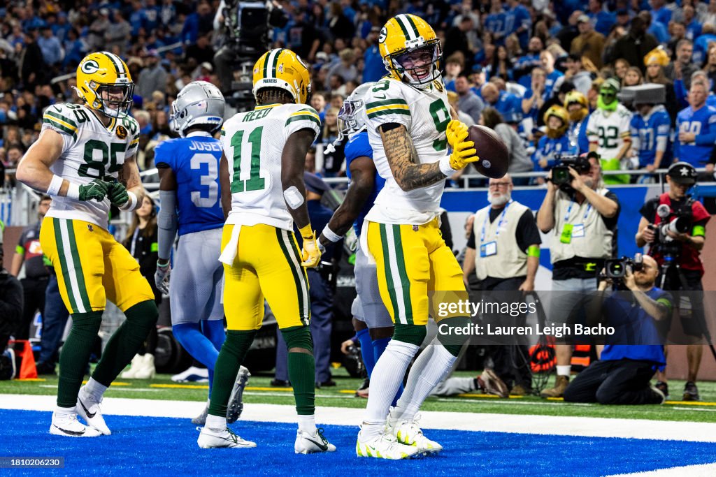 Christian Watson #9 of the Green Bay Packers celebrates after scoring a touchdown in the third quarter of the game against the Detroit Lions at Ford Field on November 23, 2023 in Detroit, Michigan. The Packers beat the Lions 29-22. (Photo by Lauren Leigh Bacho/Getty Images)