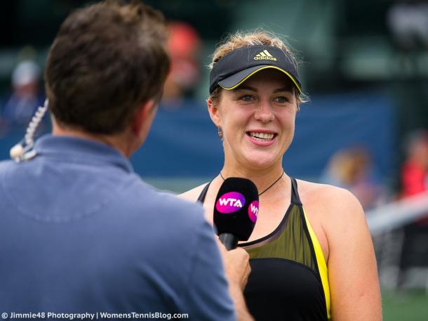 Anastasia Pavlyuchenkova was all smiles during her on-court interview after the impressive win | Photo: Jimmie48 Tennis Photography