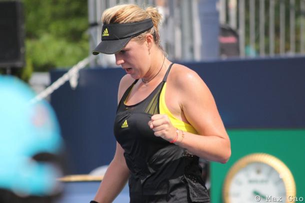 Anastasia Pavlyuchenkova celebrates a point won in her first round match | Photo: Max Gao / VAVEL USA Tennis