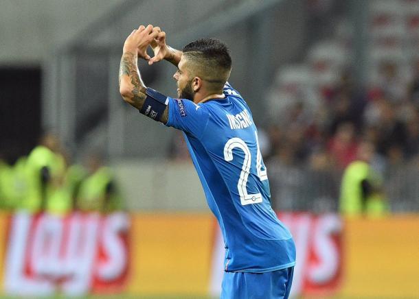 Insigne celebra su gol ante el OGC Nice. / Foto: sscnapoli.it