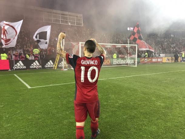 Sebastian Giovinco celebrates with the TFC fans after the final whistle | Source: espn.go.com