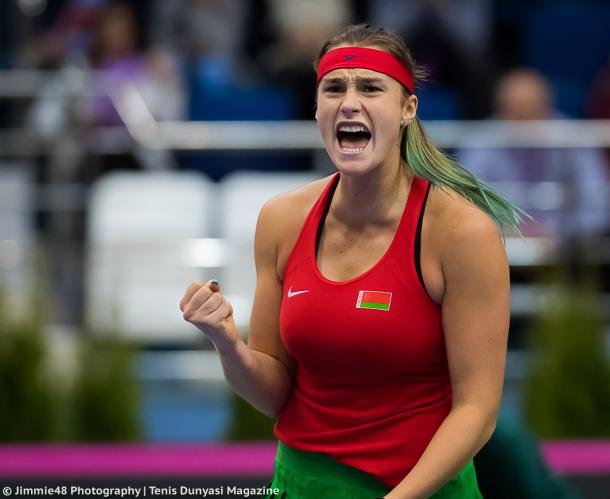 Aryna Sabalenka celebrates winning a point during the Fed Cup final | Photo: Jimmie48 Tennis Photography