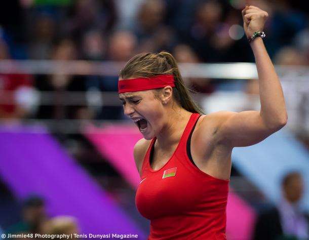 Aryna Sabalenka celebrates winning a point in front of a supportive home crowd during the Fed Cup final | Photo: Jimmie48 Tennis Photography