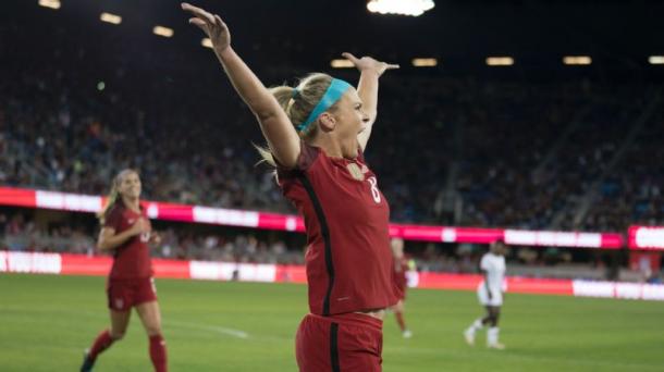 Julie Ertz celebrates her 14th international goal | Source: Kyle Terada-USA TODAY Sports