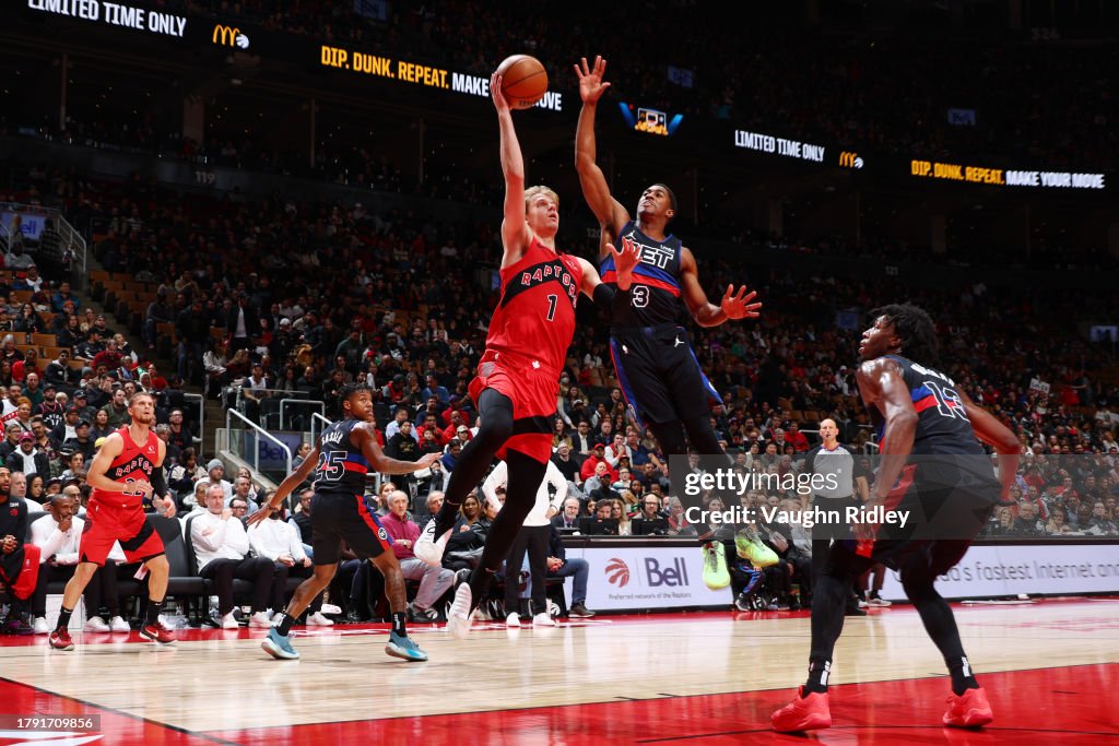  Gradey Dick #1 of the Toronto Raptors drives to the basket during the game against the Detroit Pistons on November 19, 2023 at the Scotiabank Arena in Toronto, Ontario, Canada. NOTE TO USER: User expressly acknowledges and agrees that, by downloading and or using this Photograph, user is consenting to the terms and conditions of the Getty Images License Agreement. Mandatory Copyright Notice: Copyright 2023 NBAE (Photo by Vaughn Ridley/NBAE via Getty Images)