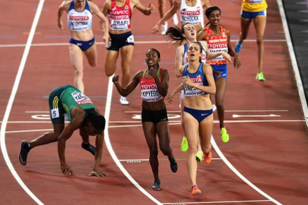 The scenes after the race, with Kipyegon beginning to celebrate her victory (Getty/David Ramos)
