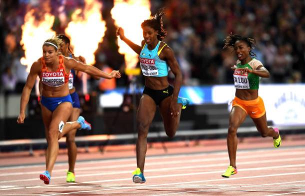 Schippers crosses the line just ahead of Ta-Lou and Miller-Uibo (Getty/David Ramos)