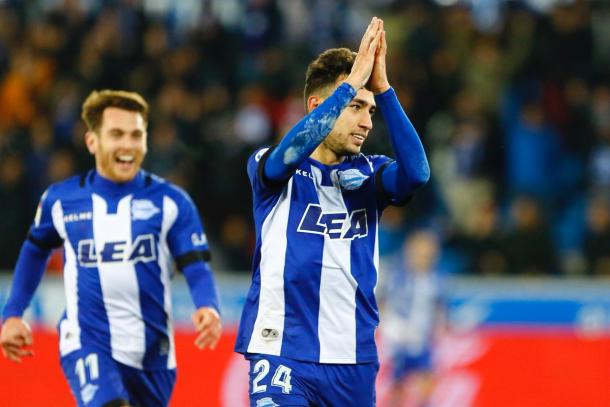 Munir celebra el gol frente al Málaga. Fuente: deportivoalaves.com