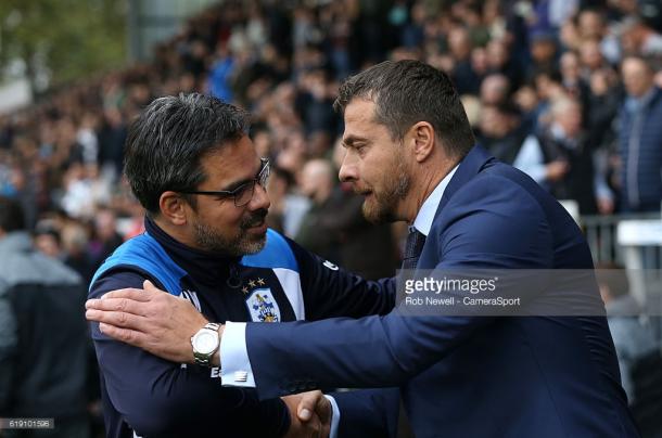 Slavisa Jokanovic and David Wagner shake hands prior to the start of the reverse fixture in October. Source - Getty Images.