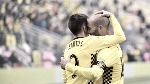 Pedro Santos celebrating his goal with Federico Higuain. | Photo: Columbus Crew SC