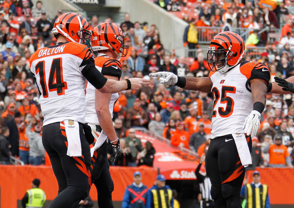 Andy Dalton celebrates a touchdown with his teammates