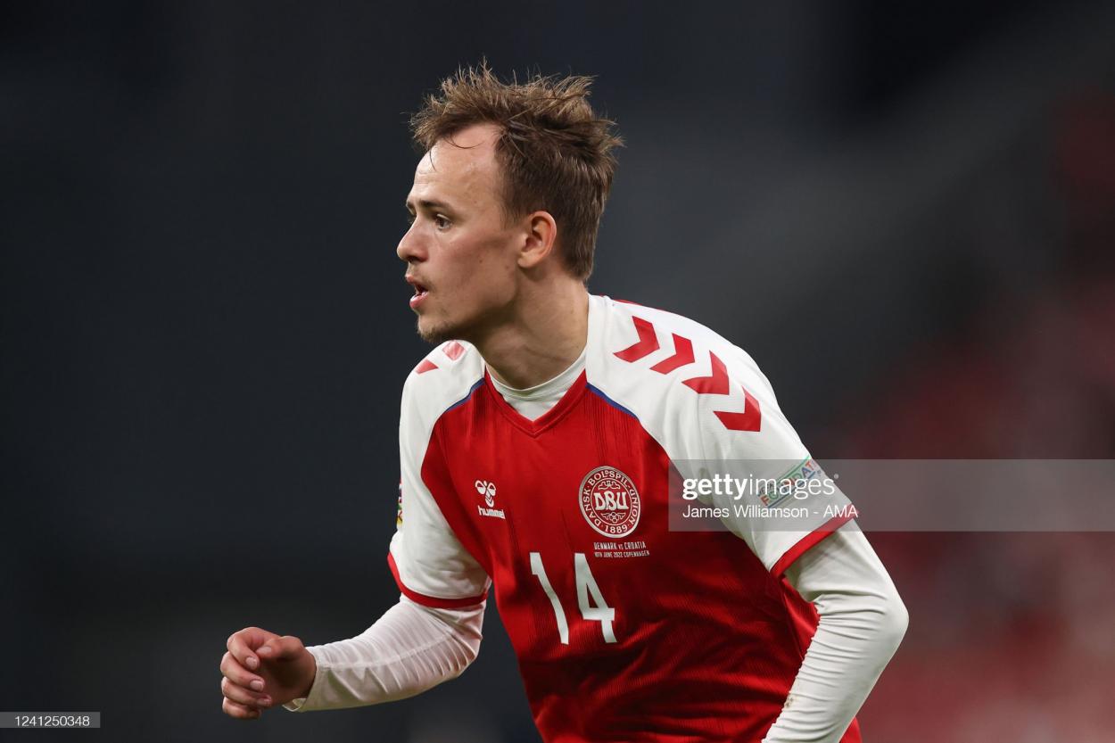 COPENHAGEN, DENMARK - JUNE 10: <strong><a  data-cke-saved-href='https://www.vavel.com/en/football/2022/08/12/premier-league/1119573-we-have-to-be-aware-of-their-quality-thomas-frank-fearful-of-manchester-united-attack-ahead-of-this-weekends-clash.html' href='https://www.vavel.com/en/football/2022/08/12/premier-league/1119573-we-have-to-be-aware-of-their-quality-thomas-frank-fearful-of-manchester-united-attack-ahead-of-this-weekends-clash.html'>Mikkel Damsgaard</a></strong> of Denmark during the UEFA Nations League League A Group 1 match between Denmark and Croatia at Parken Stadium on June 10, 2022 in Copenhagen, Denmark. (Photo by James Williamson - AMA/Getty Images)