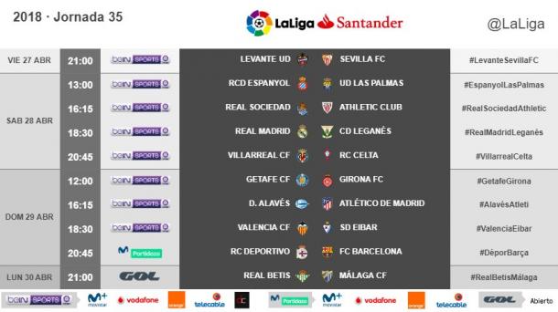 Tabla con los horarios y las televisiones que ofrecerán los partidos de la jornada 35 | Foto: LaLiga (Santander)