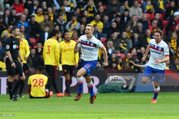 Darren Fletcher celebrates Stoke's first goal at Vicarage Road last week. Source | Getty Images.