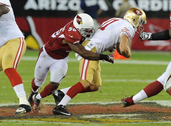 Daryl Washington #58 of the Arizona Cardinals sacks Alex Smith #11 of the San Francisco 49ers (Oct. 28, 2012 - Source: Norm Hall/Getty Images North America) 