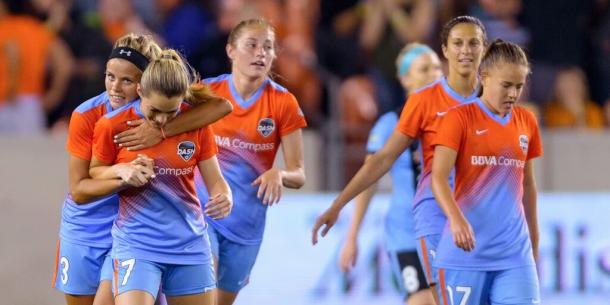 Houston Dash forward Rachel Daly (far left) hugs teammate Kealia Ohai after the Dash score a goal against the Chicago Red Stars | Houston Dash Twitter - @HoustonDash