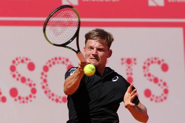 David Goffin hitting a forehand during his quarterfinals match. (Photo by Millennium Estoril Open)