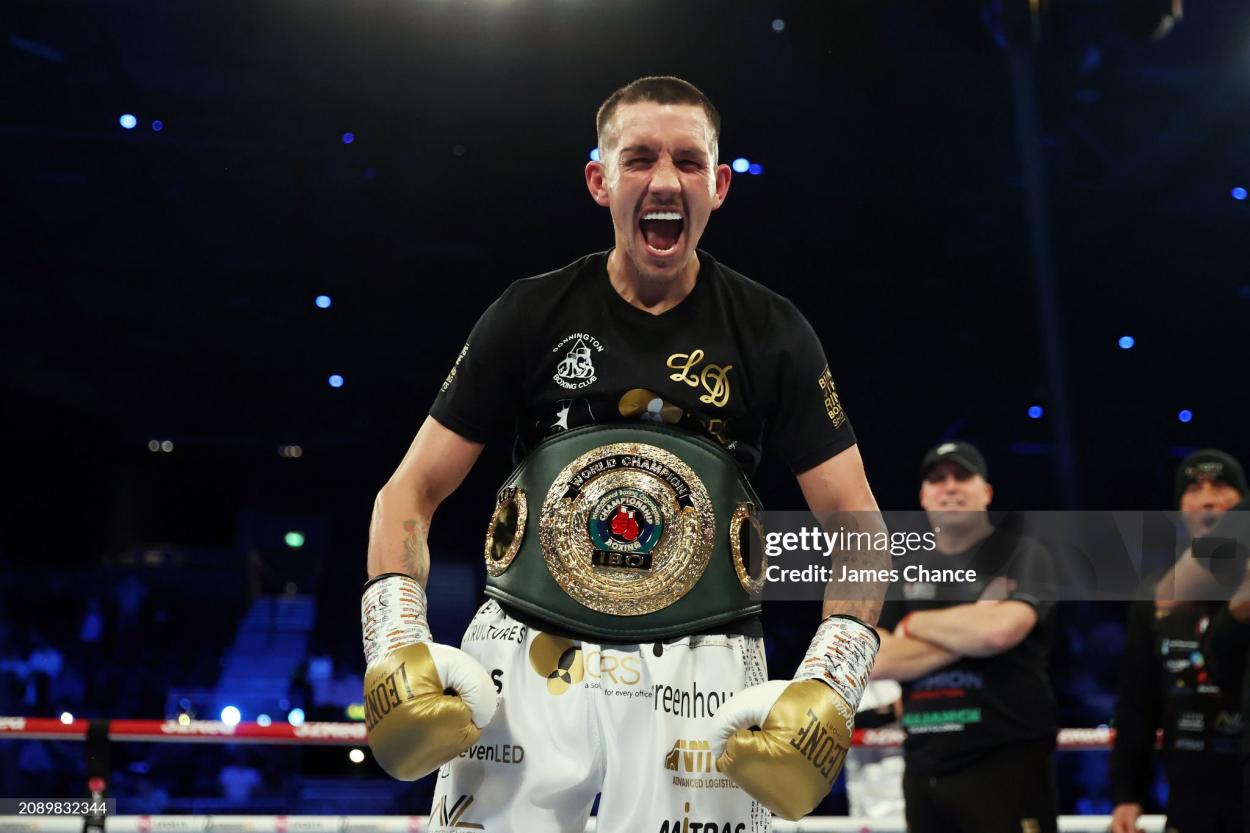 BIRMINGHAM, ENGLAND - MARCH 16: Liam Davies poses for a photo with the title belt after victory over Erik Robles Ayala in the IBO World Super Bantamweight Title fight between Liam Davies and Erik Robles Ayala at Resorts World Arena on March 16, 2024 in Birmingham, England. (Photo by James Chance/Getty Images)