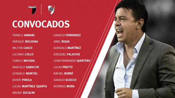 Los convocados por Marcelo Gallardo para el partido ante Colón. Foto: River oficial.