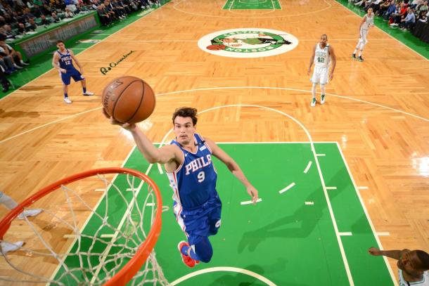 Dario Saric in action vs Boston Celtics at TD Garden. Photo: 76ers/Twitter
