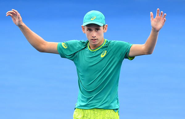 Alex De Minaur celebrates his quarterfinal win in Brisbane. Photo: Bradley Kanaris/Getty Images