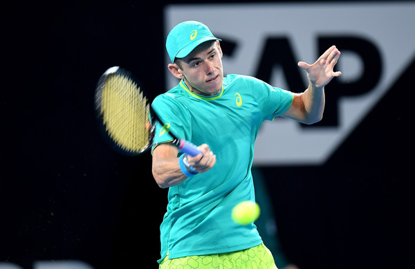 Alex De Minaur hits a forehand during his first-round win. Photo: Bradley Kanaris/Getty Images