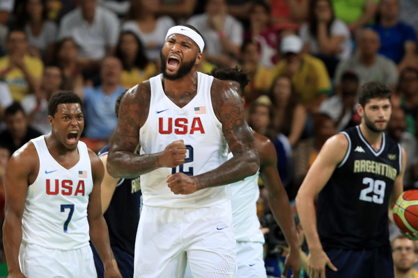 DeMarcus Cousins (c.) and Kyle Lowry (l.) react during the United States' easy quarterfinal win over Argentina at the Olympics/Photo: Sam Greenwood/Getty Images