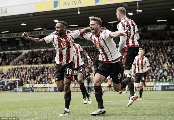 Above: Jermain Defoe, Fabio Borini and Jan Kirchoff celebrating in Sunderland's 3-0 win over Norwich City | Photo: BPI / Joe Teth 