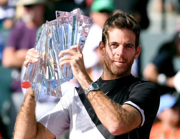 Juan Martin del Potro won his first Masters 1000 title last week in Indian Wells, seen here hoisting the trophy. Photo: Harry How/Getty Images