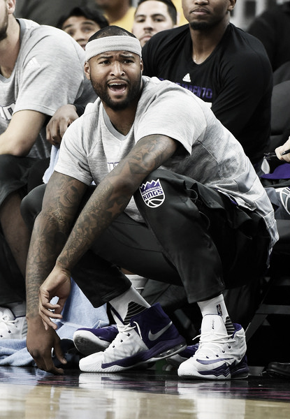 DeMarcus Cousins watching from the sidelines as his Kings play the Lakers during the preseason, Oct. 12, 2016 - Source: Ethan Miller/Getty Images North America)