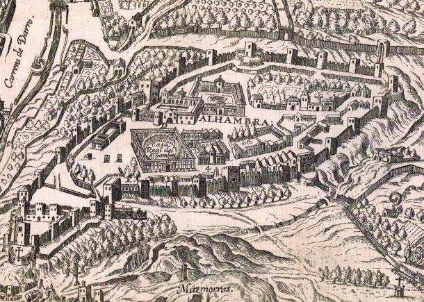 Panorámica de la plataforma de Ambrosio de Vico, un plano a gran escala sobre la ciudad de Granada realizado en 1590 en el que todavía se pueden ver las mazmorras del Campo de los Mártires. Fuente: Wiki Commons