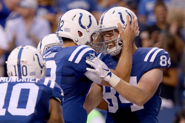 Indianapolis Colts quarterback Andrew Luck (#12) and wide receiver Jack Doyle (#84) celebrate after a fourth quarter touchdown in week one versus the Detroit Lions.  (Photo:  Getty Images