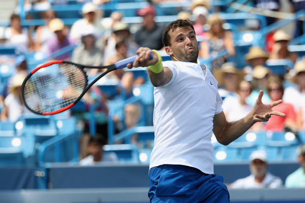 Dimitrov cracks a forehand during his win over del Potro. Photo: Rob Carr/Getty Images