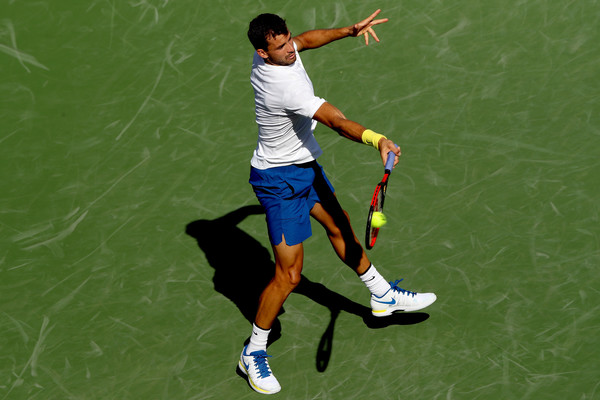 Dimitrov hits a forehand during his semifinal win. Photo: Rob Carr/Getty Images