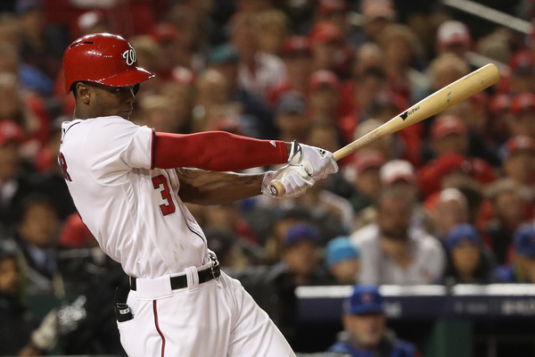 Michael Taylor #3 of the Washington Nationals hits a three run home run against the Chicago Cubs. |Oct. 11, 2017 - Source: Patrick Smith/Getty Images North America|