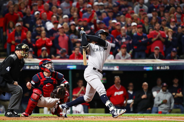 Didi Gregorius #18 of the New York Yankees hits a solo homerun in the first inning against the Cleveland Indians. |Oct. 11, 2017 - Source: Gregory Shamus/Getty Images North America|