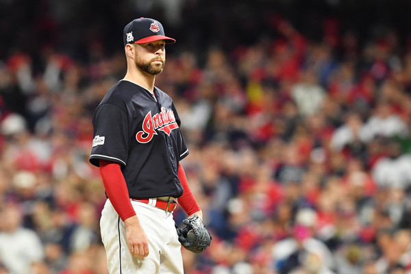 Corey Kluber #28 of the Cleveland Indians looks on in the first inning against the New York Yankees. |Oct. 11, 2017 - Source: Jason Miller/Getty Images North America|