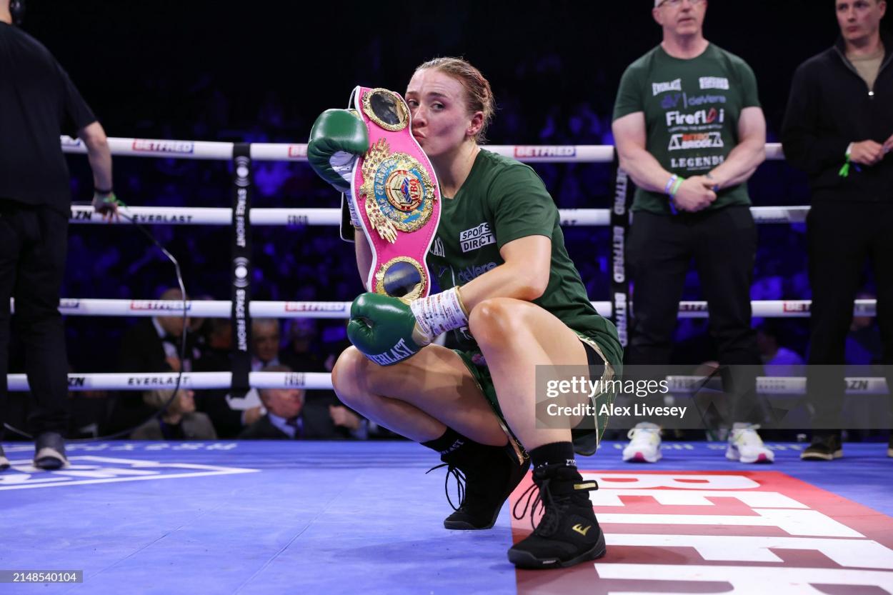 MANCHESTER, ENGLAND - APRIL 13: Rhiannon Dixon poses for a photo with the title belt after victory over Karen Elizabeth Carabajal in the WBO World Lightweight title fight between Rhiannon Dixon and Karen Elizabeth Carabajal at AO Arena on April 13, 2024 in Manchester, England. (Photo by Alex Livesey/Getty Images)