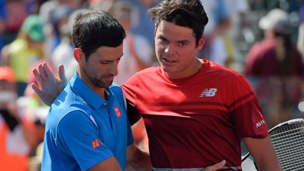 Djokovic (left) and Milos Raonic after the 2016 Indian Wells final. Photo: Mark J. Terill/The Canadian Press