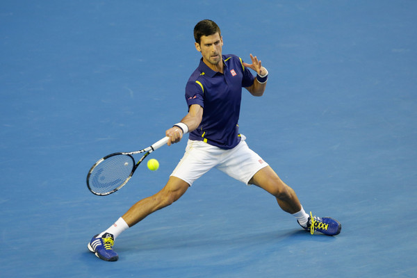 Djokovic smacks a forehand during his semifinal on Thursday. Photo: Darrian Traynor/Getty Images