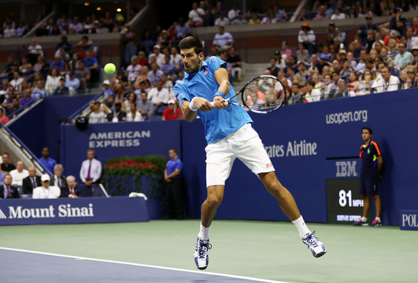 Djokovic hits a return during his US Open final defeat earlier this month. Photo: Elsa/Getty Images