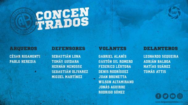 Lista de Concentrados para el partido con Estudiantes / Imagen: Belgrano Oficial.
