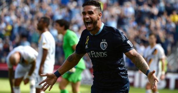 Dom Dwyer celebrates after scoring a goal for Sporting Kansas City against the LA Galaxy | Source: Sporting Kansas City Twitter - @SportingKC
