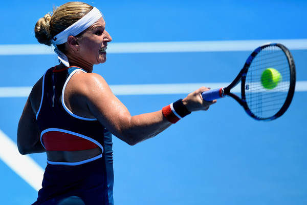 Dominika Cibulkova hits a forehand during her second-round match against Eugenie Bouchard at the 2017 Apia International Sydney. | Photo: Brett Hemmings/Getty Images