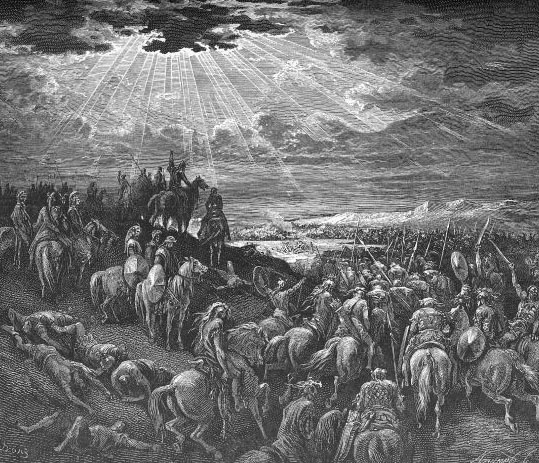 Josué ora a Dios para que el Sol se detenga". Grabado de Gustave Doré