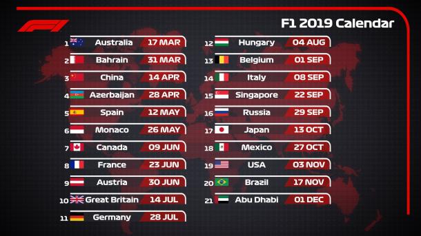 Calendario oficial de la Fórmula 1 en 2019 | Fuente: Twitter (@F1)