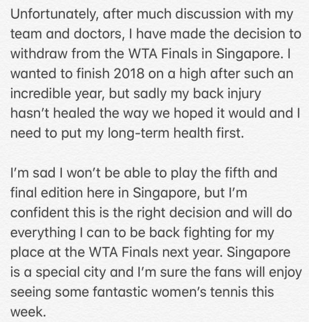 Simona Halep's note for her fans as posted on Twitter