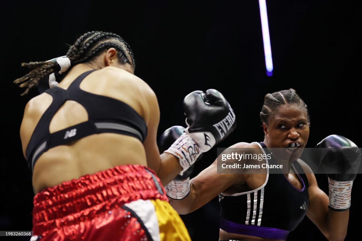 LONDON, ENGLAND - FEBRUARY 03: Caroline Dubois punches Miranda Reyes during to the IBO World Lightweight title fight between Caroline Dubois and Miranda Reyes at OVO Arena Wembley on February 03, 2024 in London, England. (Photo by James Chance/Getty Images)