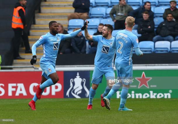 Duckens Nazon celebrates with team-mates following his FA Cup goal against Boreham Wood. Source | Getty Images.